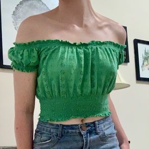 Green off shoulder crop top